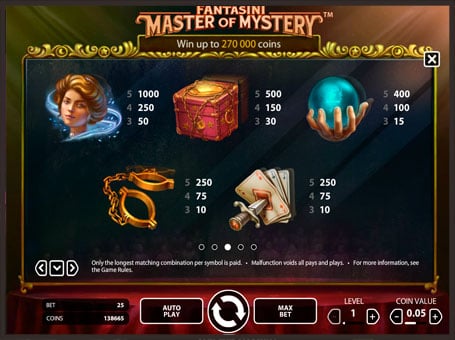 Слот Fantasini: Master of Myster - выплаты Выплаты в слоте Fantasini: Master of Myster